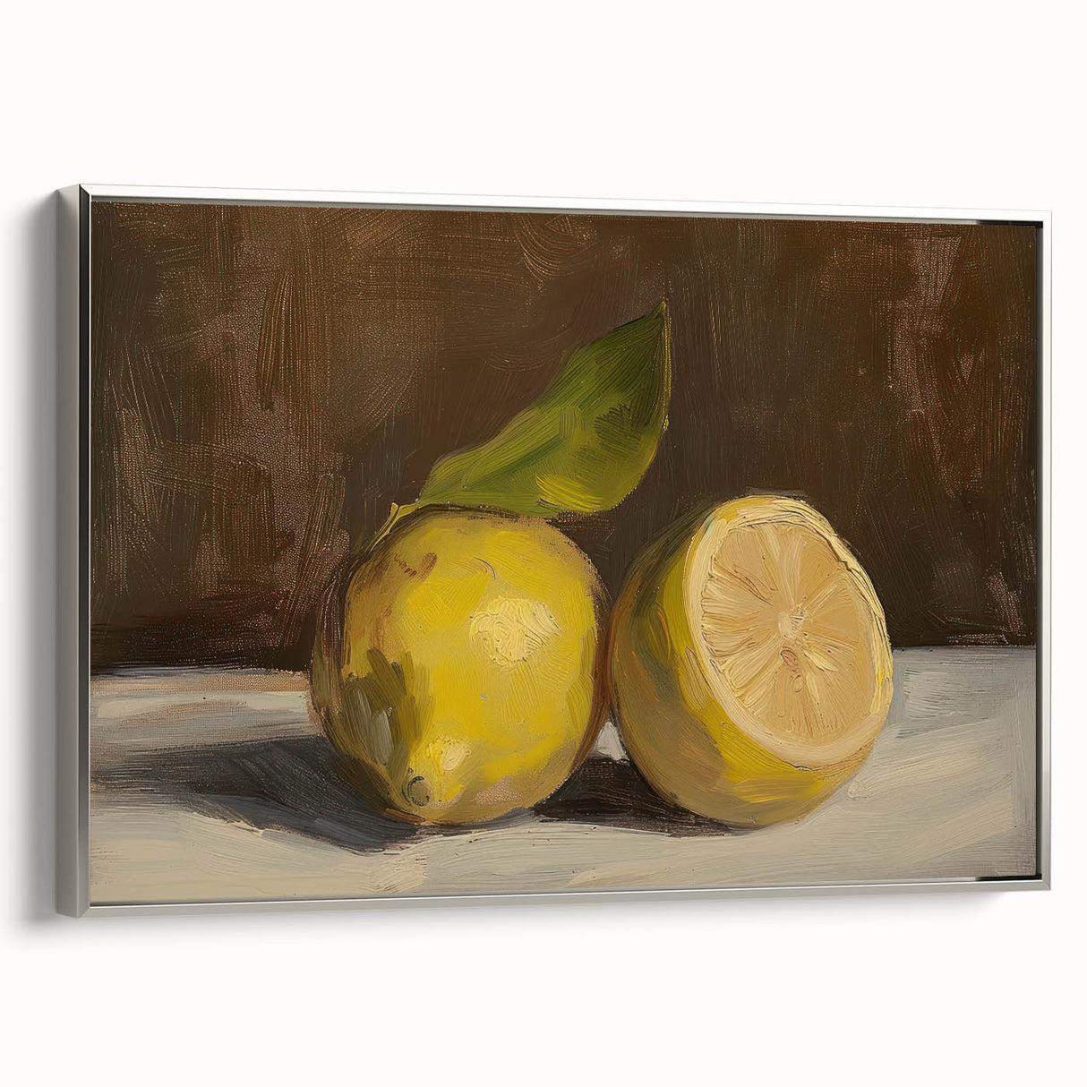 Landscape art painting of colorful fruits on a black background, framed in silver, ideal for kitchen wall decor.