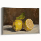 Landscape art painting of colorful fruits on a black background, framed in silver, ideal for kitchen wall decor.