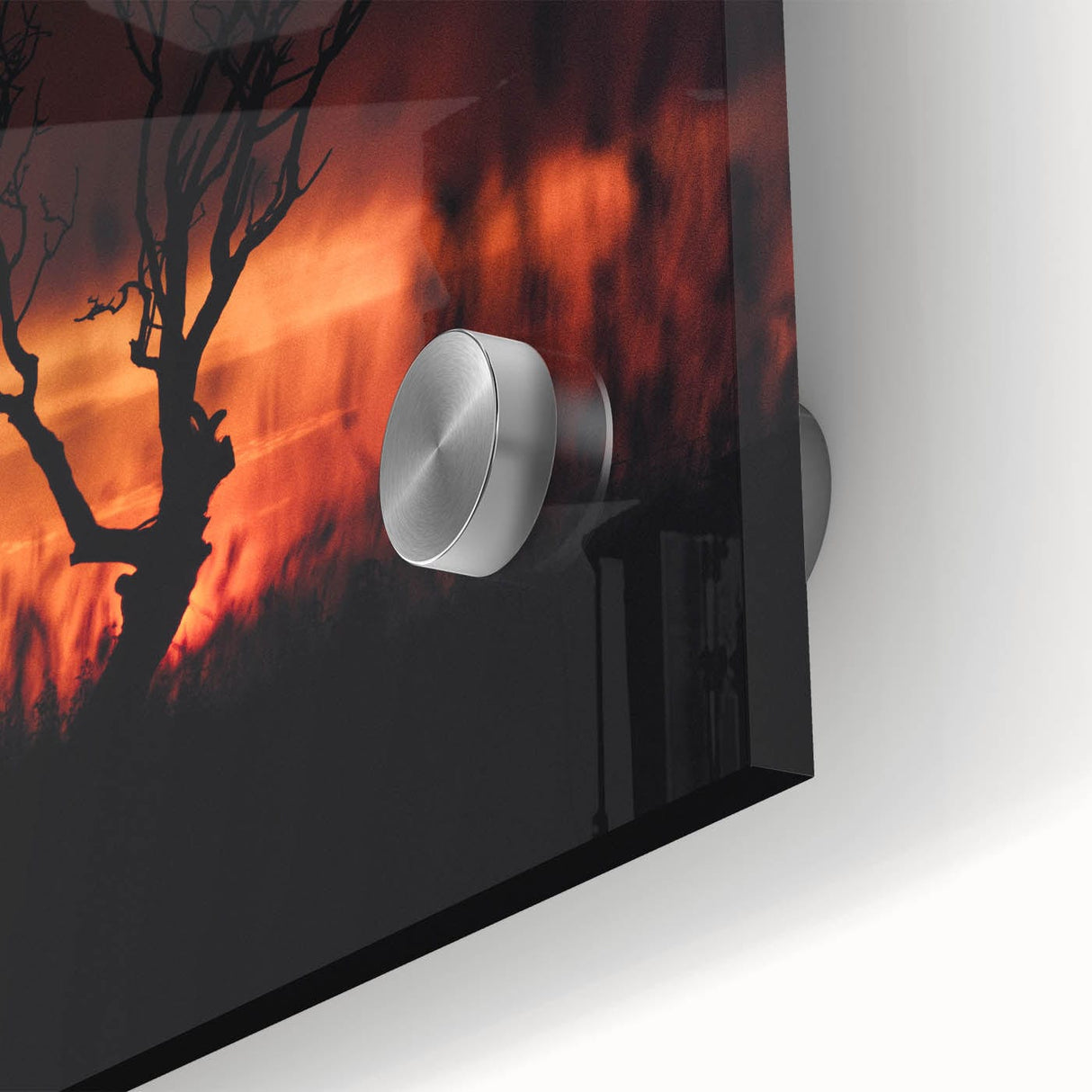 Large abstract wall art depicting fall foliage in vibrant orange and brown tones on acrylic glass, ideal for dining room art.