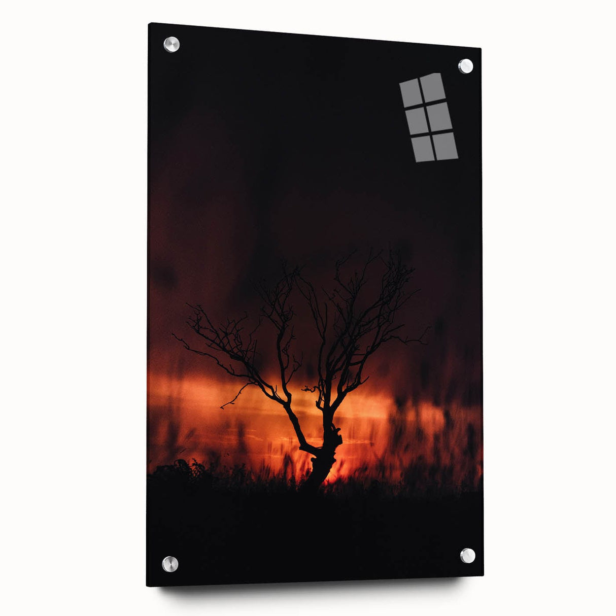 Large abstract wall art depicting autumnal trees on acrylic glass, in warm orange and red tones.