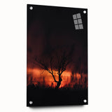 Large abstract wall art depicting autumnal trees on acrylic glass, in warm orange and red tones.