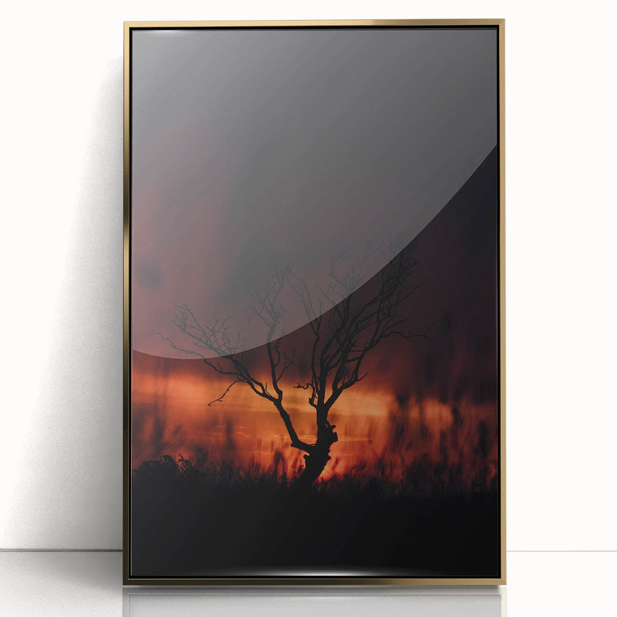 Large art print of a mid-century modernist fall scene in gold and orange tones, acrylic on framed canvas.