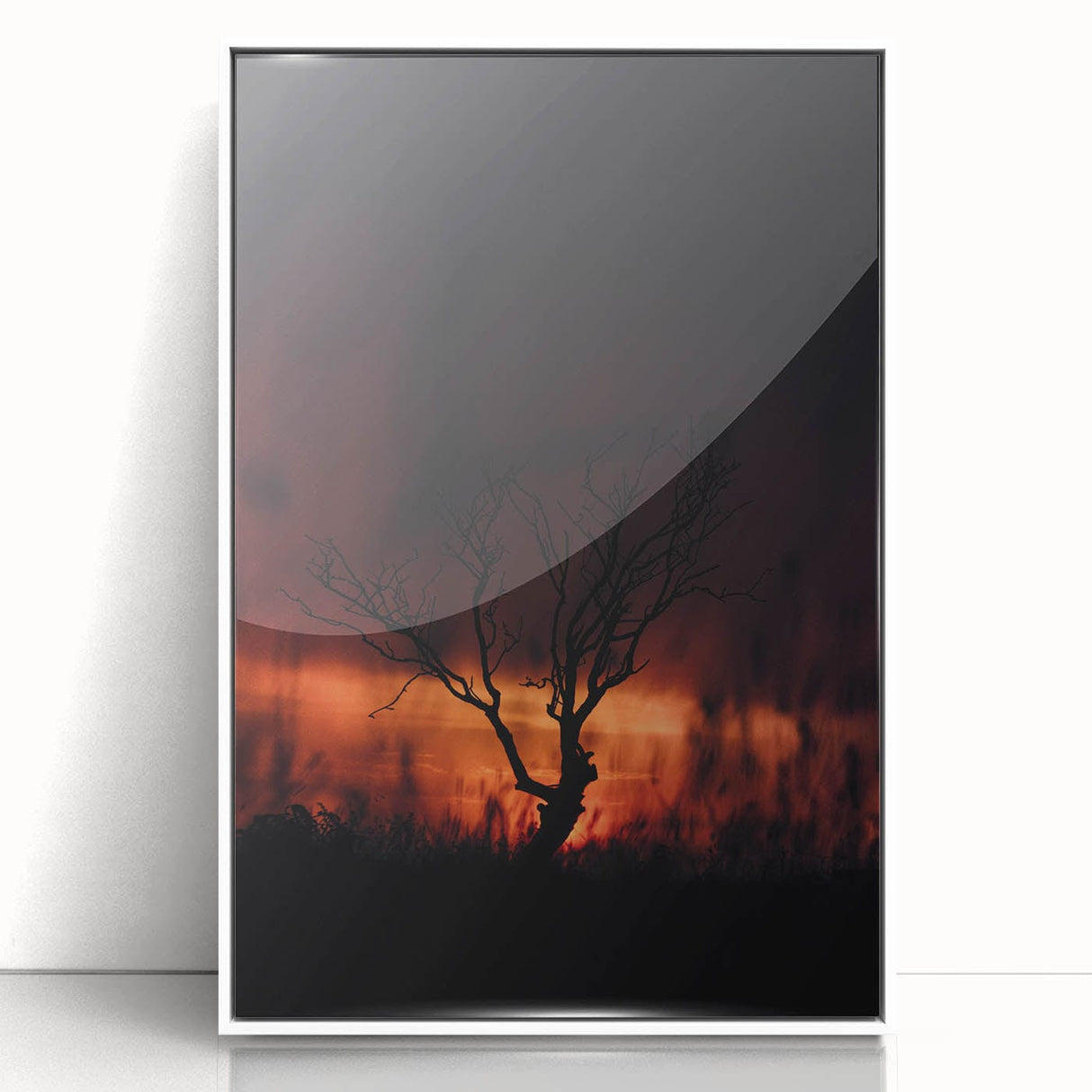 Art deco poster of autumn leaves in orange and red shades, framed in white acrylic, suitable for modern nursery decor.