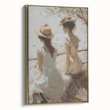 Framed canvas artwork showcasing an abstract figurative design in gold hues, presenting a modern aesthetic. The side view highlights the elegant frame, ideal for contemporary home decor.