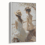 Abstract figurative framed canvas artwork with a white frame showcasing vibrant colors and dynamic shapes, perfect for modern home decor.