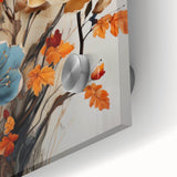 Close-up of vibrant abstract floral wall art printed on acrylic glass, showcasing vivid colors and intricate details, perfect for modern home decor.