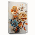 Abstract floral wall art displayed in a side view, featuring vibrant colors and intricate patterns, mounted with pins on a sleek acrylic glass, ideal for modern home decor.