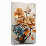 Abstract floral wall art displayed in a side view, featuring vibrant colors and intricate patterns, mounted with pins on a sleek acrylic glass, ideal for modern home decor.