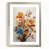 Abstract floral wall art framed in silver, featuring a vibrant blend of colors and intricate patterns, perfect for modern home decor or office styling.