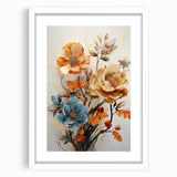 Abstract floral wall art framed in white with a mat, showcasing vibrant colors and intricate patterns, perfect for modern home decor accents.