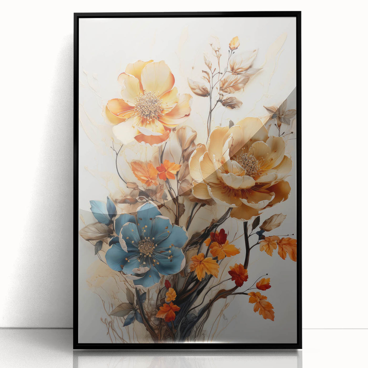 Framed acrylic wall art featuring abstract floral designs in vibrant colors, set against a sleek black frame, perfect for modern home decor.