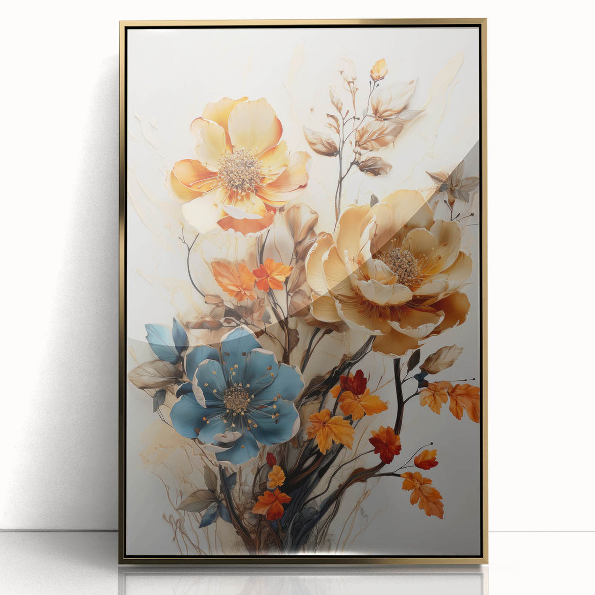 Framed abstract floral wall art featuring vibrant gold accents and intricate designs, displayed in a stylish setting to enhance modern home decor. Perfect for adding a touch of elegance and sophistication to any room.