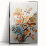 Framed acrylic wall art featuring vibrant abstract floral design in silver frame, ideal for modern home decor, adding elegance and color to any room.