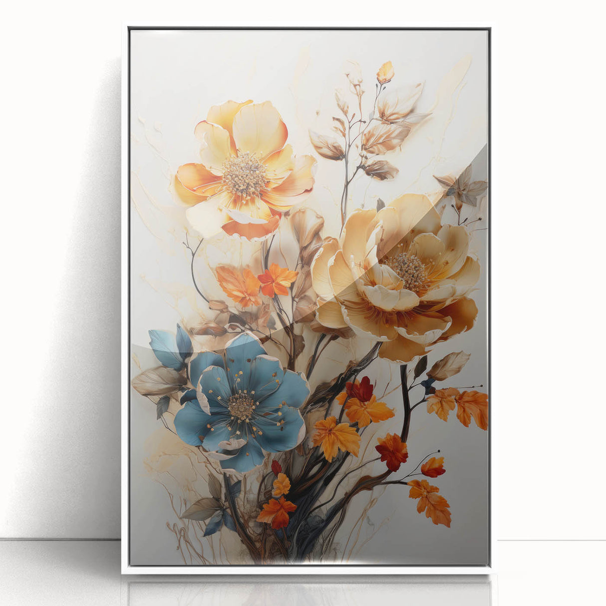 Framed acrylic wall art featuring an abstract floral design in vibrant colors, displayed against a white background, perfect for modern home decor.