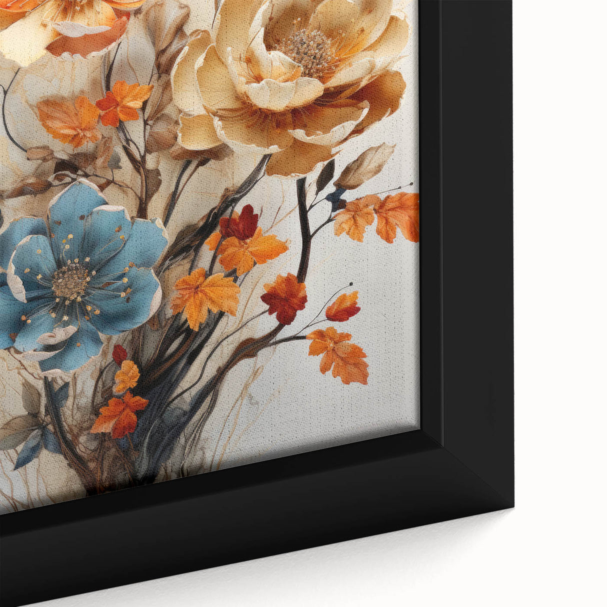 Close-up of a framed canvas artwork featuring vibrant abstract floral designs with a blend of blues, pinks, and greens, perfect for modern home decor.