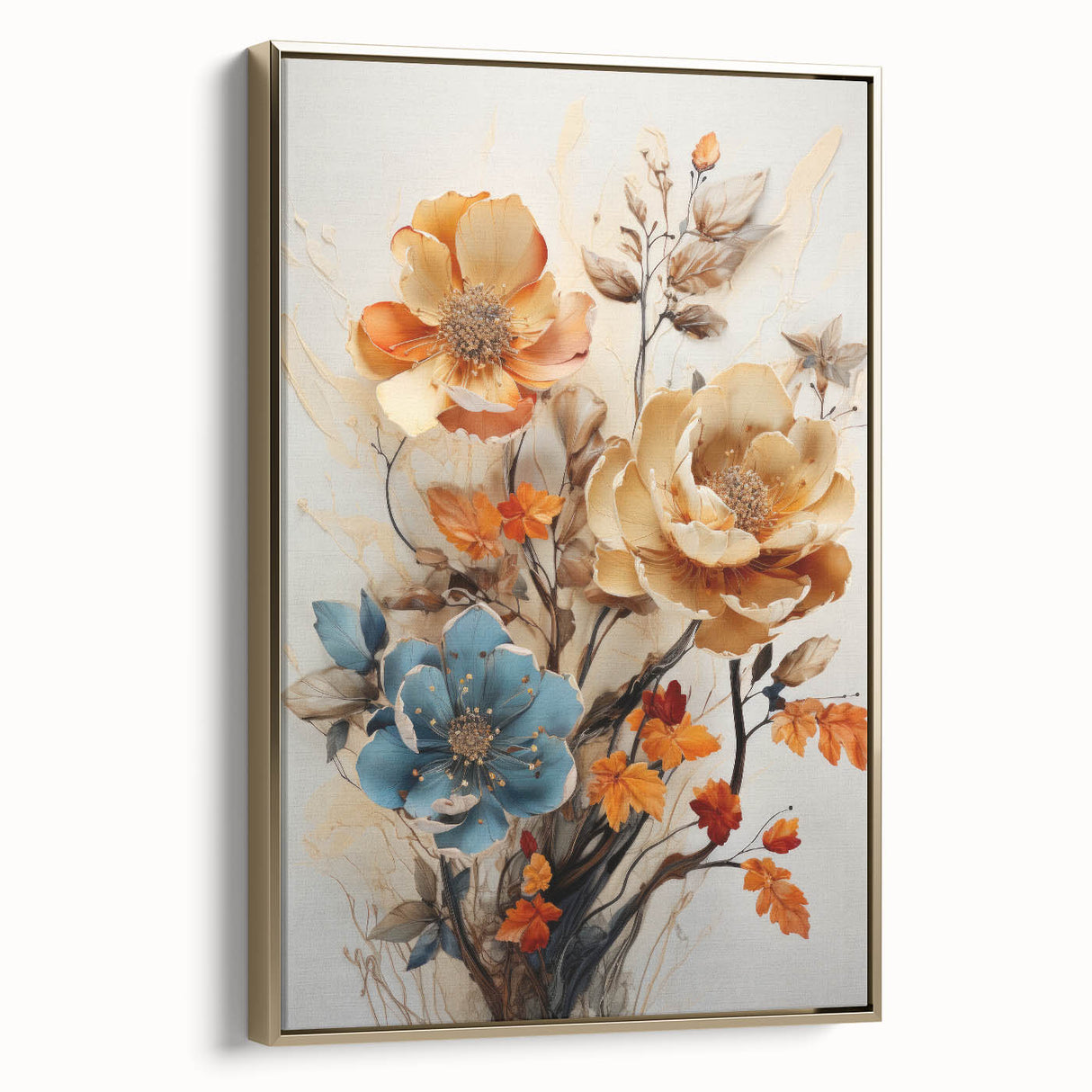 Framed wall art showcasing abstract floral design in vibrant colors, featuring gold accents. Side view highlights the elegant framing, perfect for home decor.