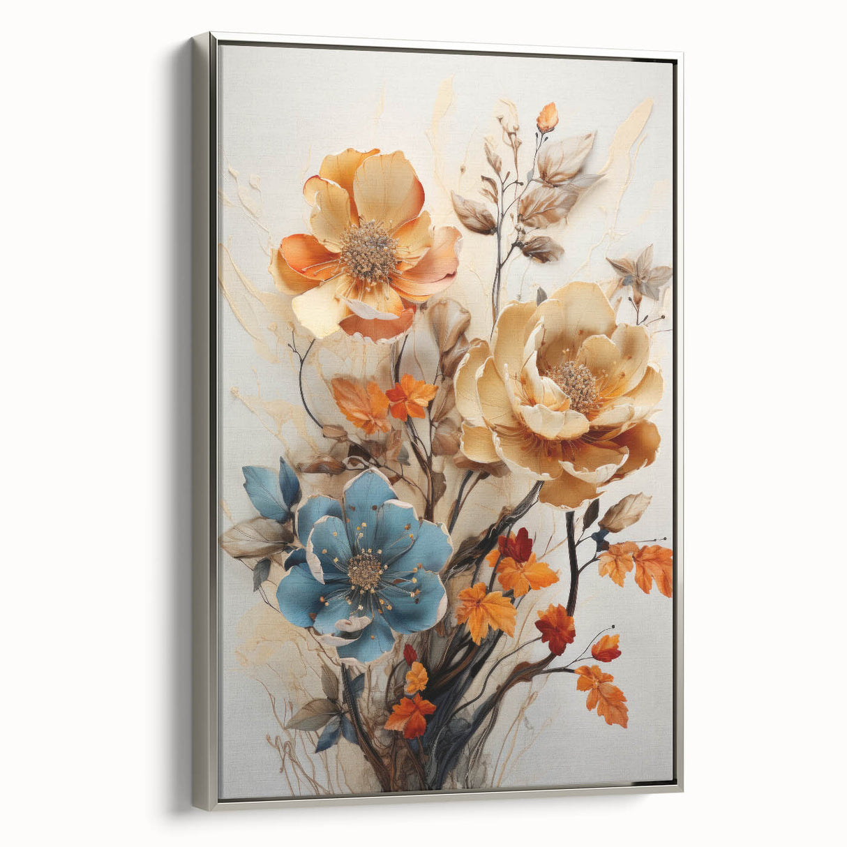 Framed canvas wall art showcasing an abstract floral design in vibrant colors, with a sleek silver frame, ideal for modern interior decor.