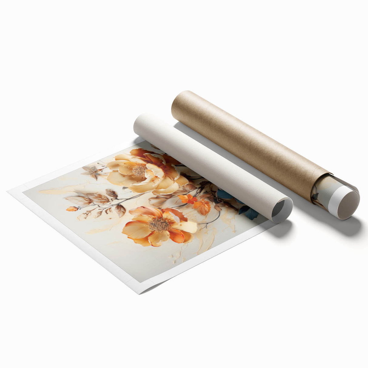 Abstract floral wall art print with vibrant colors and intricate details, showcasing a modern design ideal for home decor, rolled in a protective cardboard tube.