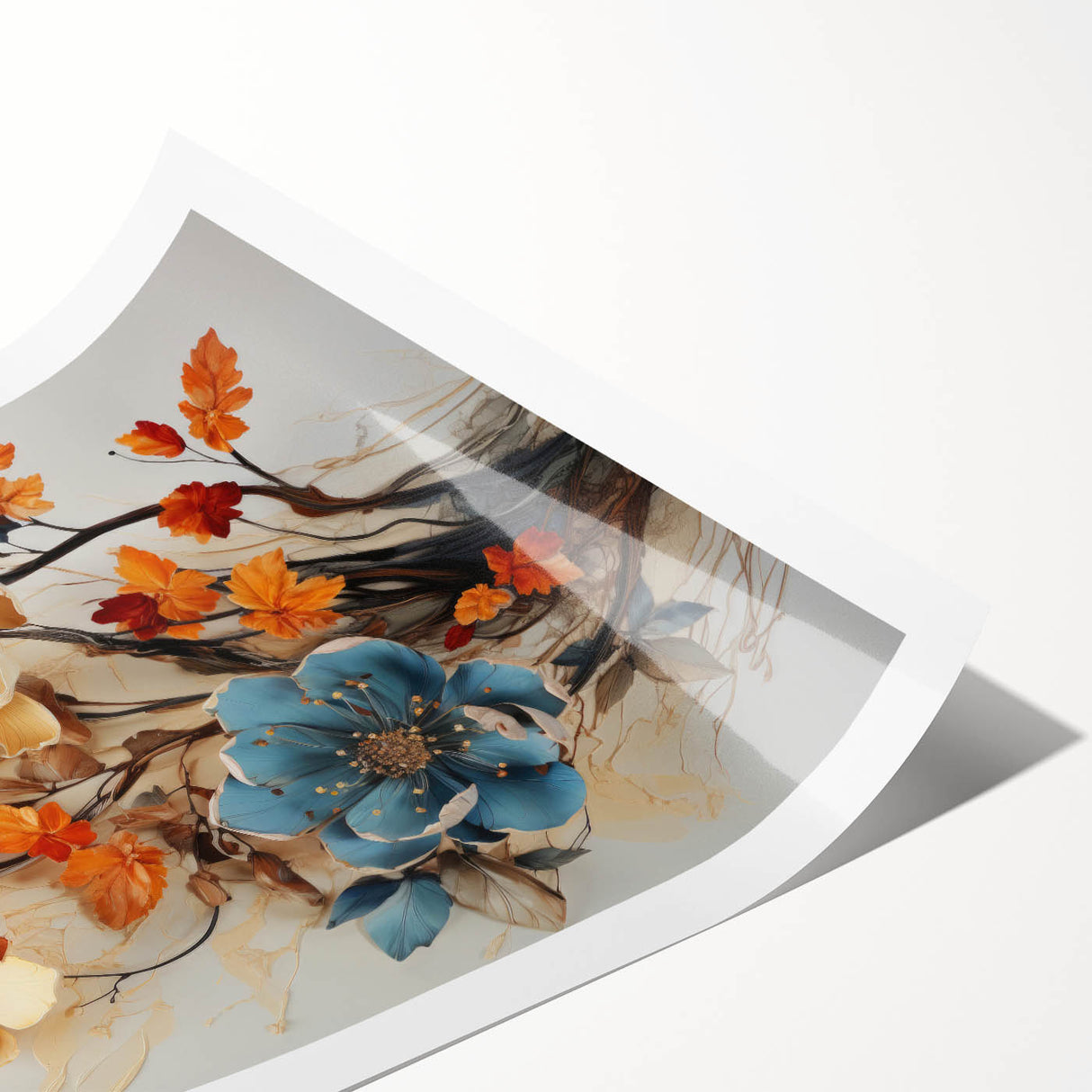 Abstract floral wall art print featuring vibrant colors and intricate designs, rolled and ready for framing, showcasing a modern artistic touch for home decor.