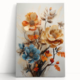 Abstract floral wall art on stretched canvas featuring vibrant colors of pink, blue, and yellow, elegantly leaning against a neutral wall, perfect for modern decor.