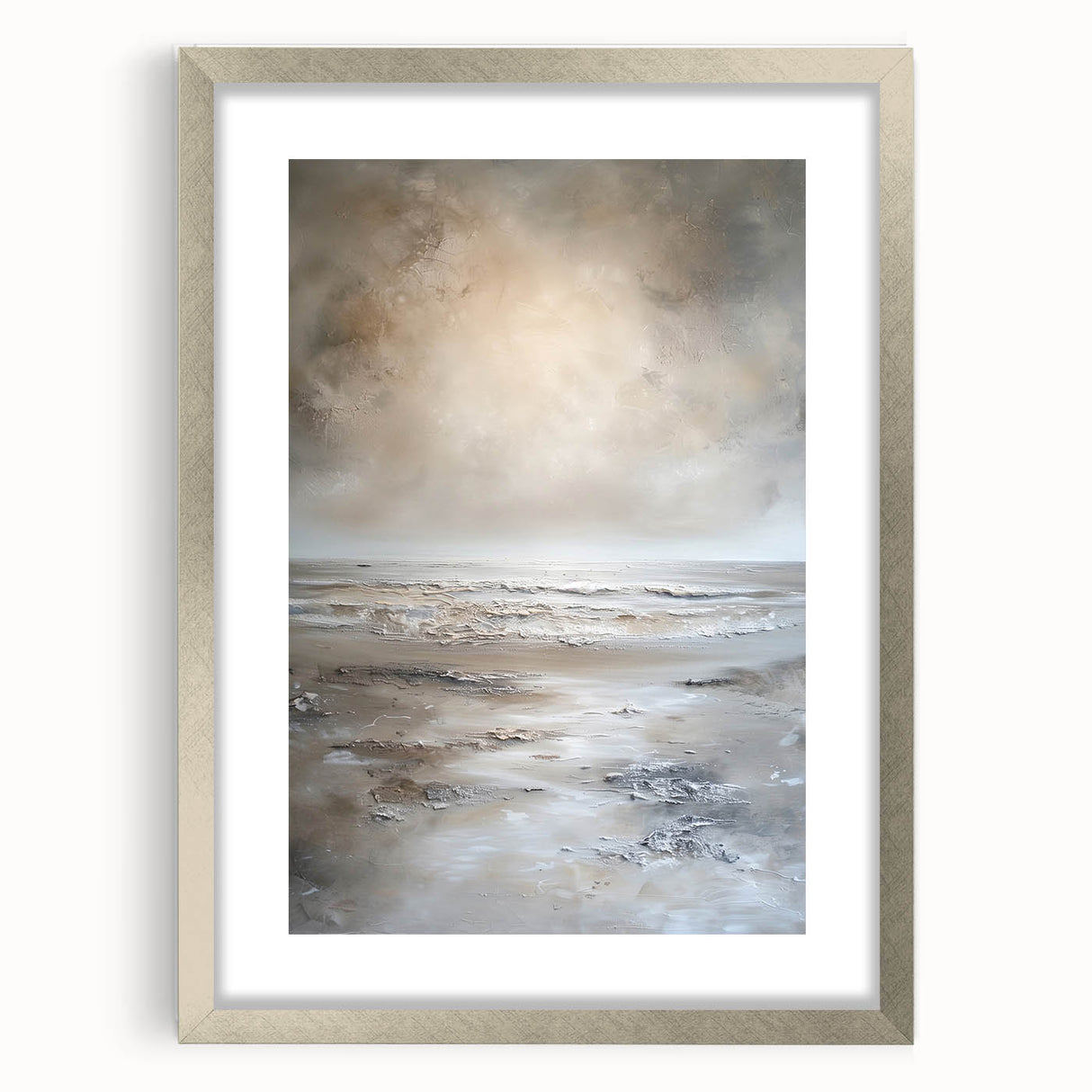 Abstract landscapes wall art framed in sleek silver, showcasing soft hues and textured details, perfect for modern home decor. Ideal for enhancing interior spaces with a contemporary touch.