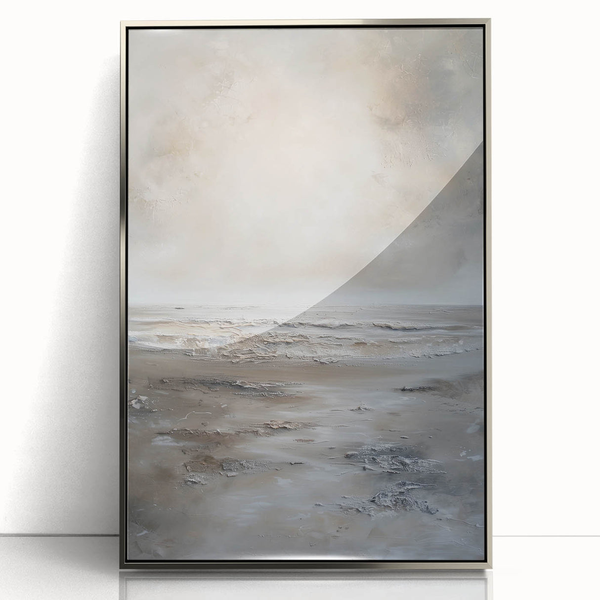 Framed abstract landscape wall art featuring soft blue and gray tones, elegantly displayed in a sleek silver frame, perfect for modern home decor.