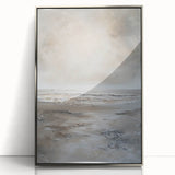 Framed abstract landscape wall art featuring soft blue and gray tones, elegantly displayed in a sleek silver frame, perfect for modern home decor.