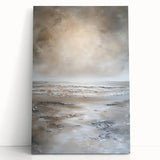Abstract landscape wall art featuring soft pastel colors and textured brush strokes on a stretched canvas, elegantly leaning against a neutral wall, enhancing modern decor.