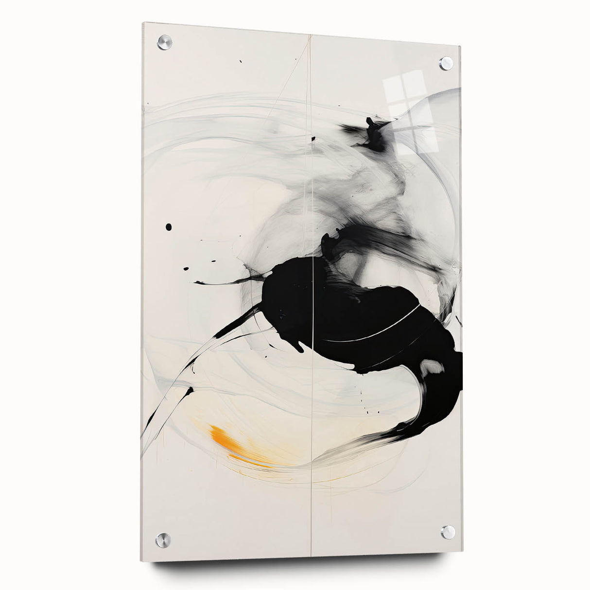 Abstract minimalist wall art displayed from the side, showcasing an acrylic glass frame with pin accents, perfect for modern decor. The artwork features a subtle blend of colors that elevate any interior space.