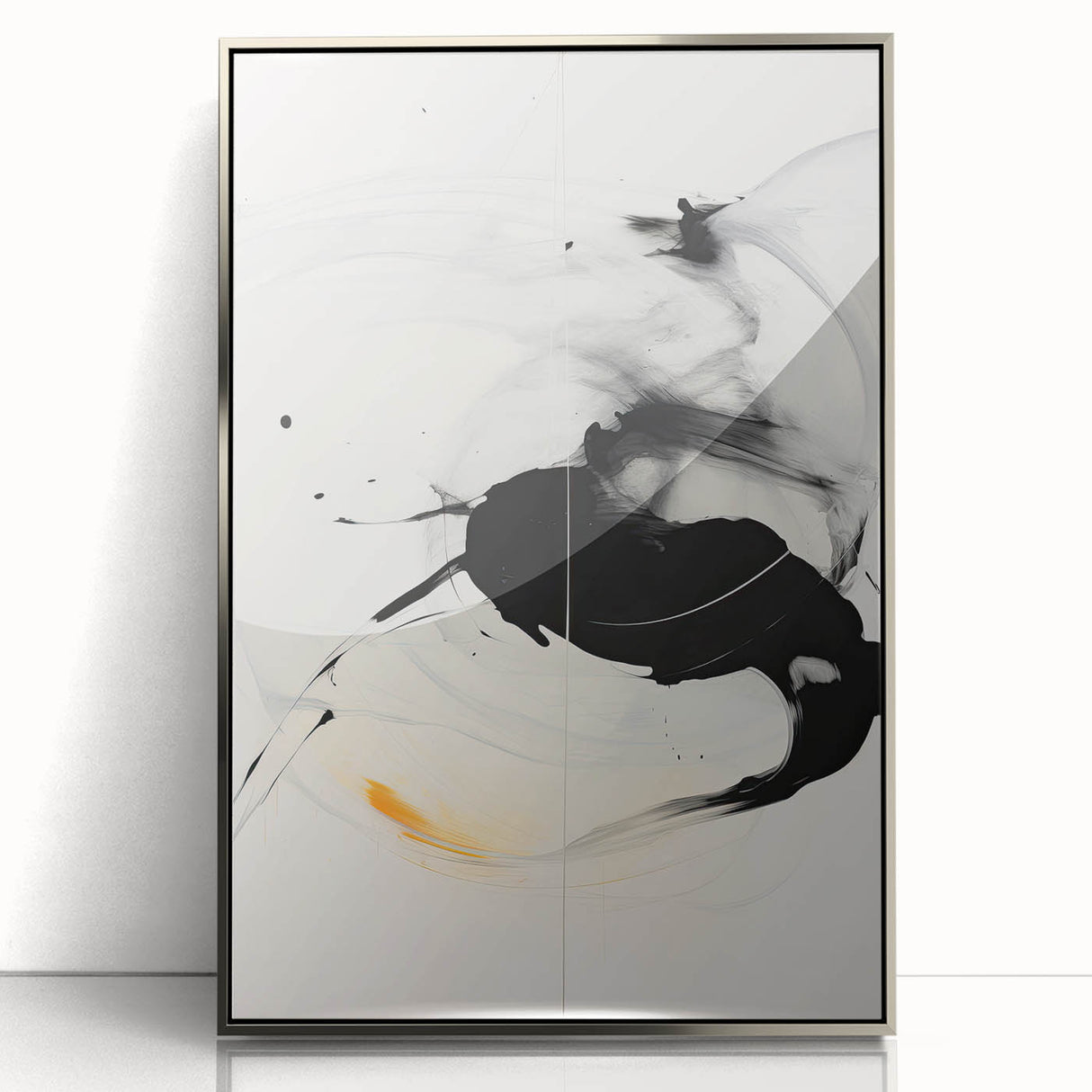 Framed abstract minimalist wall art in silver acrylic, showcasing geometric shapes and soft colors, ideal for modern interior decor.