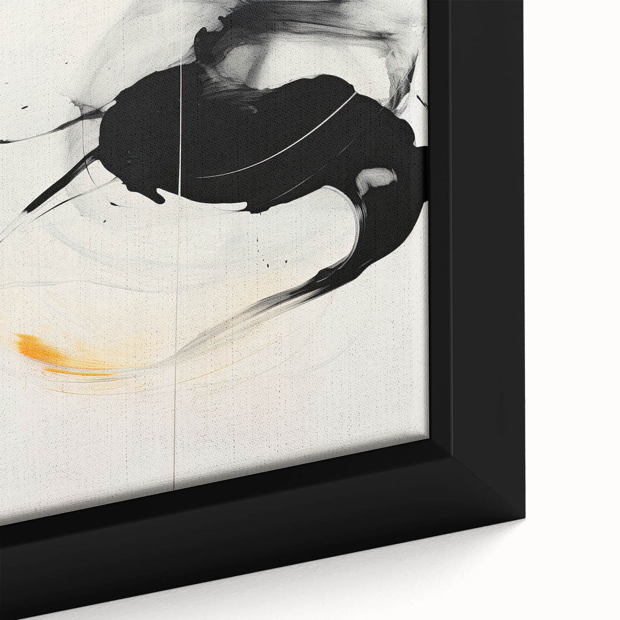 Abstract minimalist wall art featuring vibrant blue and gold hues, framed in a sleek black frame, showcasing geometric shapes and fluid lines, perfect for modern decor.