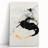 Abstract minimalist wall art on stretched canvas, featuring soft neutral tones and geometric shapes, leaning against a white wall, adding elegance to modern decor.
