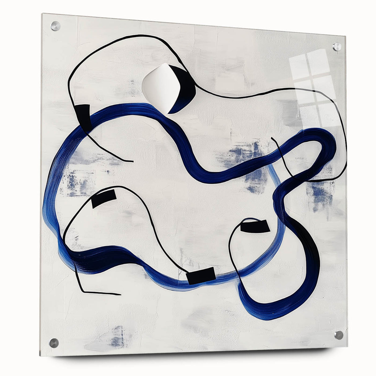 Abstract Fluid Canvas Art – Royal Blue & Black Line Composition