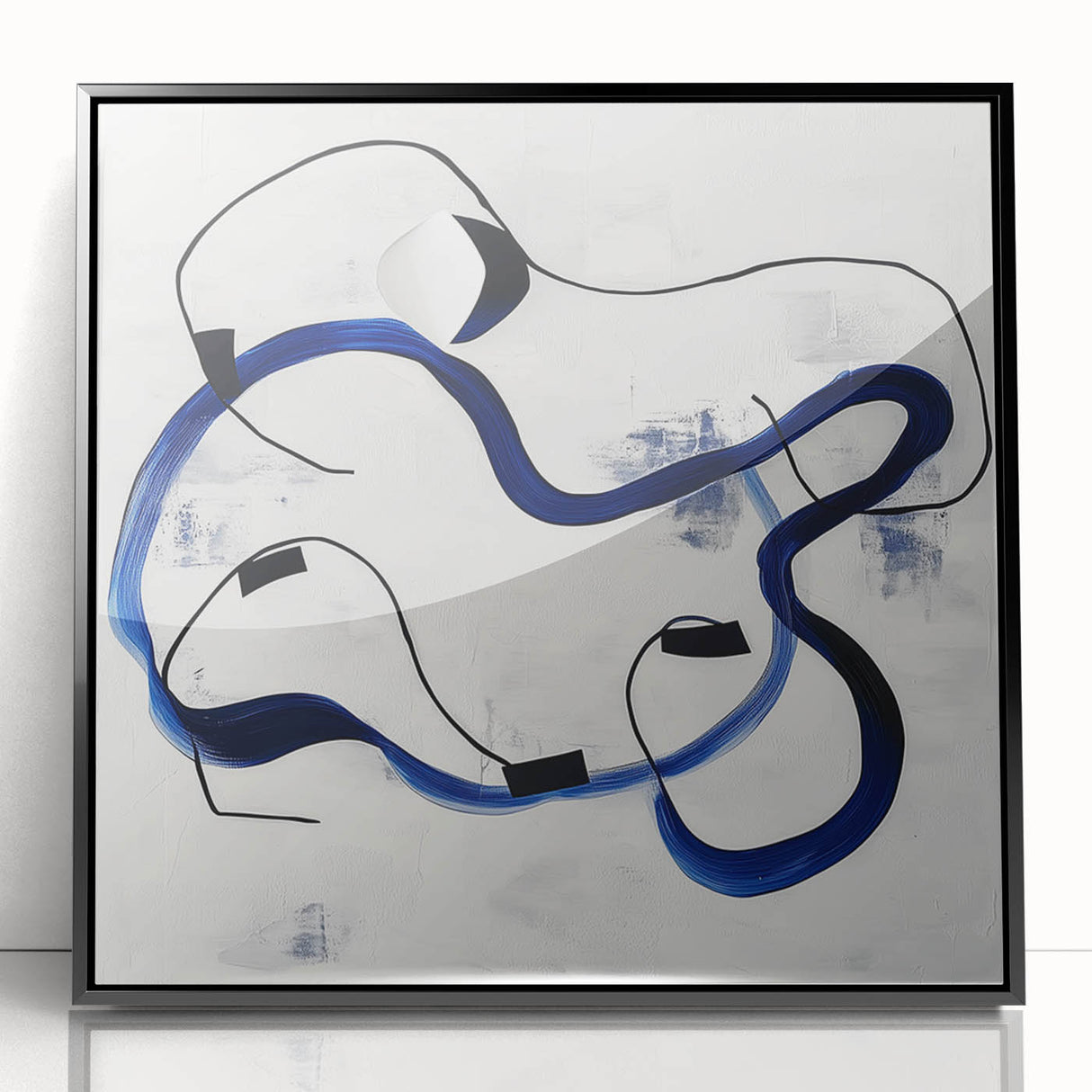 Abstract Fluid Canvas Art – Royal Blue & Black Line Composition