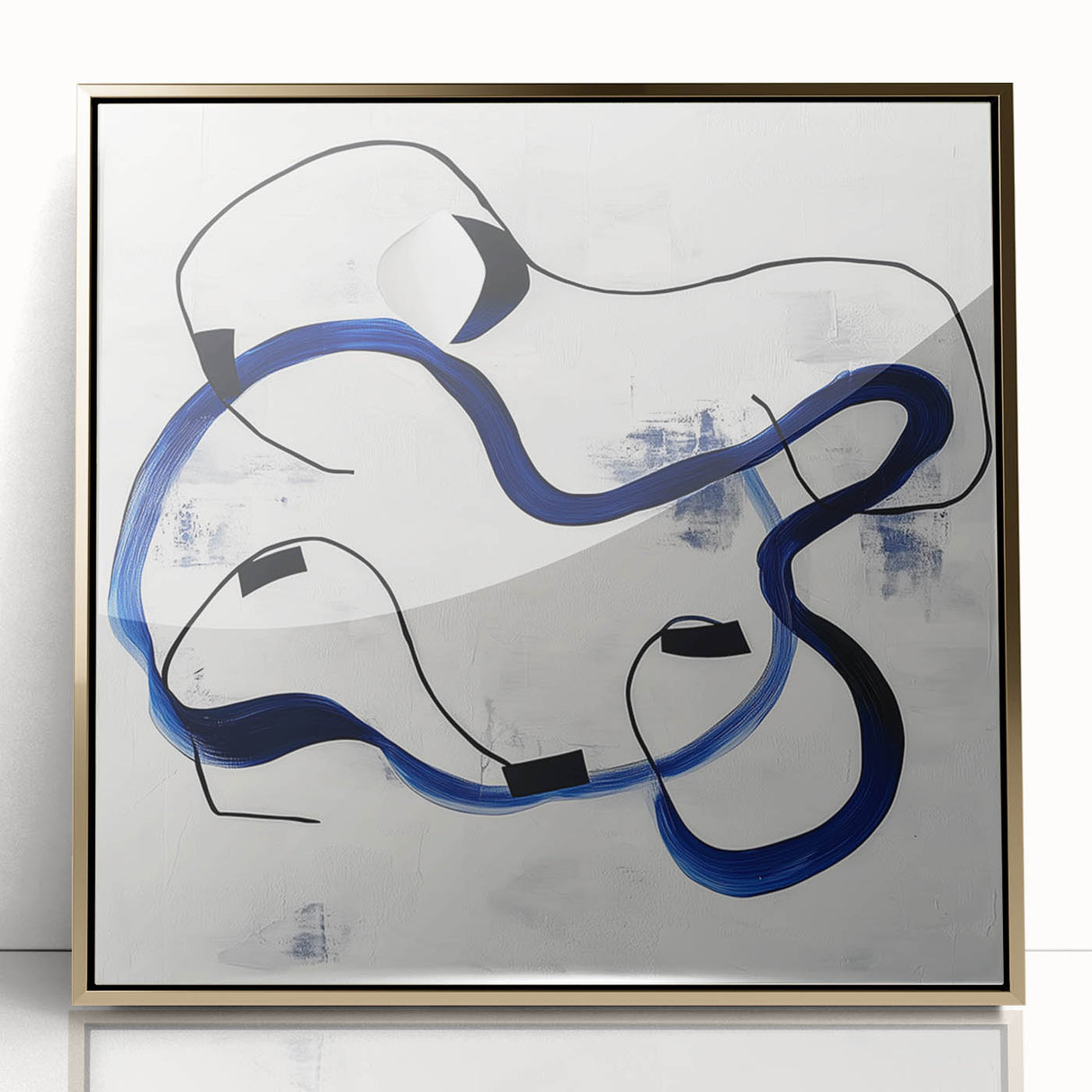 Abstract Fluid Canvas Art – Royal Blue & Black Line Composition