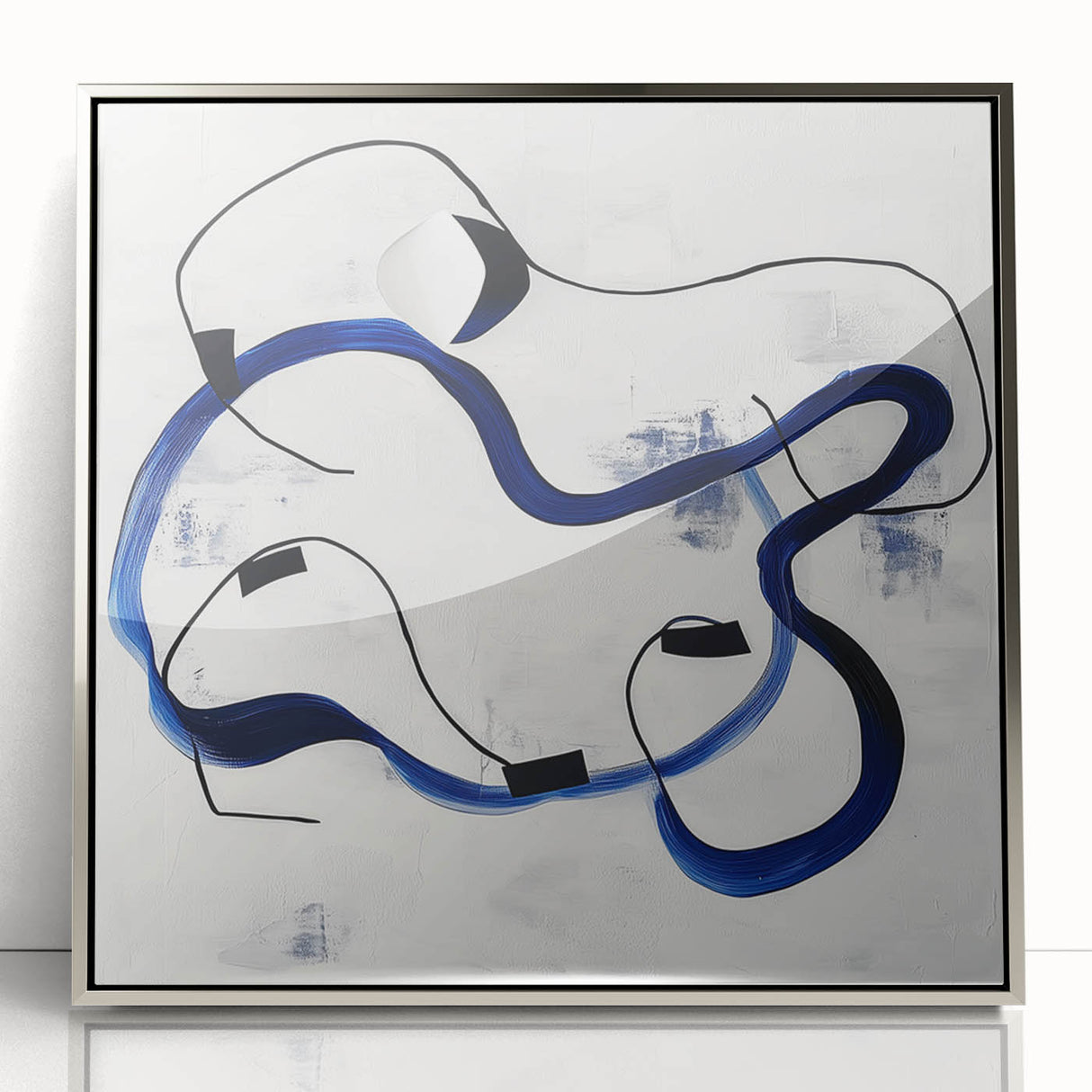 Abstract Fluid Canvas Art – Royal Blue & Black Line Composition