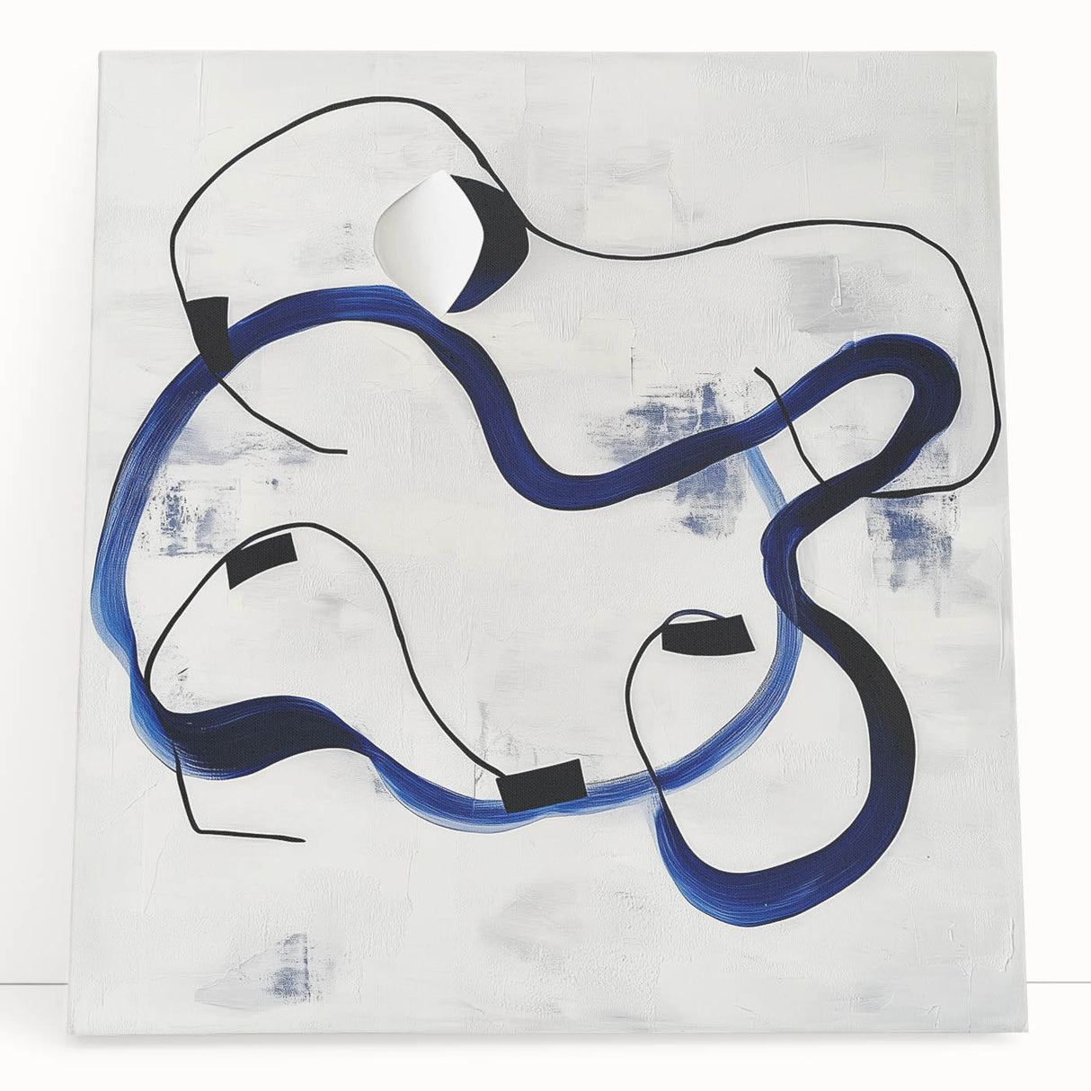 Abstract Fluid Canvas Art – Royal Blue & Black Line Composition