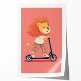 Lion on Scooter Illustration for Kids -  Playroom Wall Art