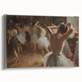 Framed abstract figurative canvas art showcasing dynamic shapes in muted colors, elegantly displayed with a silver frame, ideal for modern home decor.