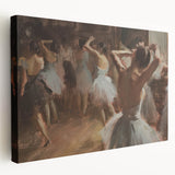 Abstract figurative stretched canvas artwork showcasing vibrant colors and dynamic shapes, ideal for modern home decor. Side view highlights its depth and texture.