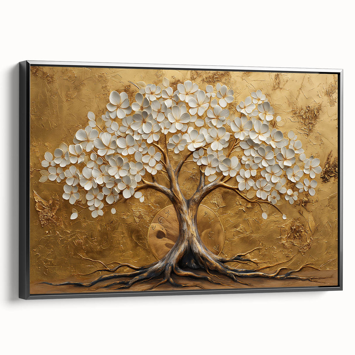 Framed canvas wall art showcasing vibrant abstract floral designs in a striking black frame, highlighting colorful blossoms against a textured background.