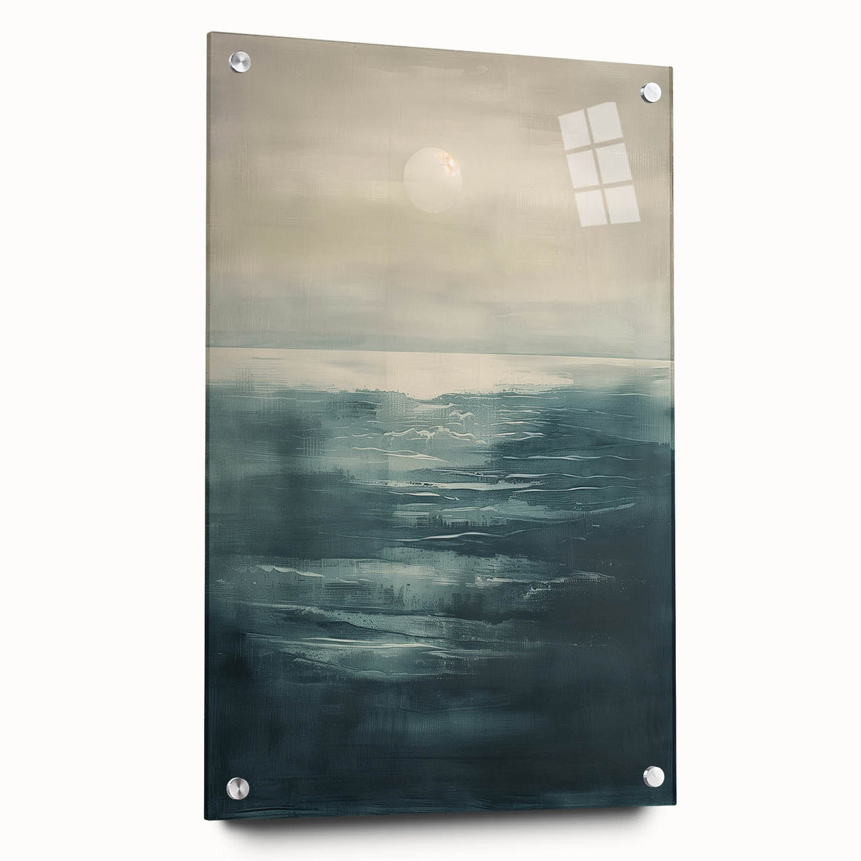 Abstract landscape wall art in a sleek acrylic glass frame, showcasing vibrant colors and intricate details, displayed side view with mounting pins for easy installation. Perfect for modern home decor.