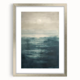 Abstract landscape wall art framed in silver, featuring a serene blend of muted blues and greens, perfect for modern home decor. Ideal for enhancing living spaces.