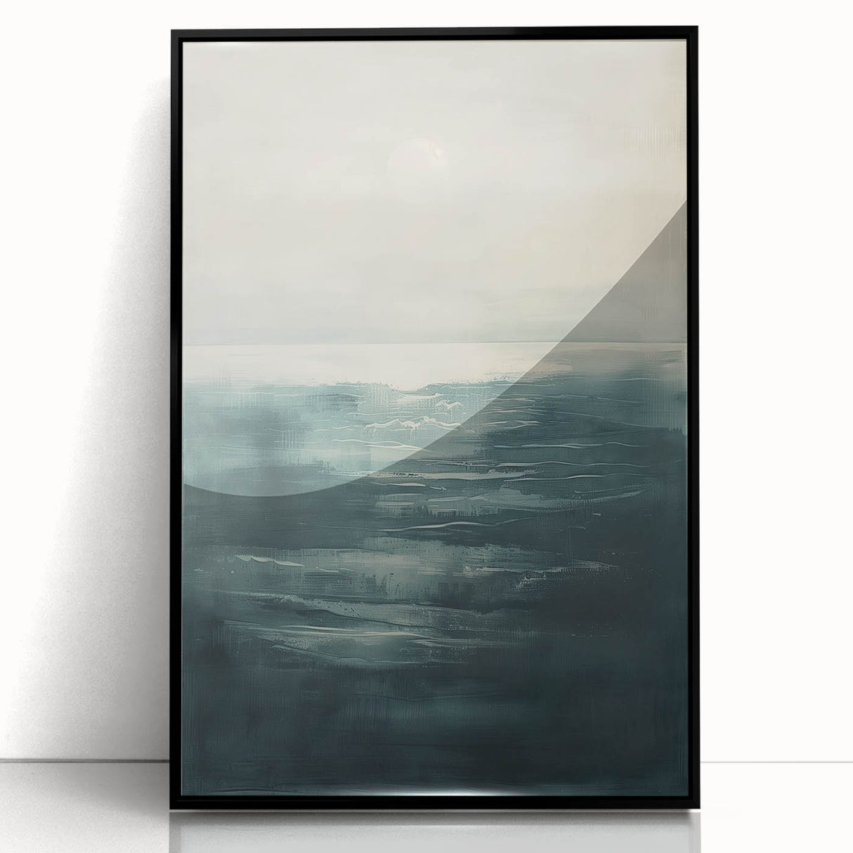 Framed abstract landscape wall art with a black acrylic front, showcasing vibrant colors and dynamic shapes, perfect for modern home decor.