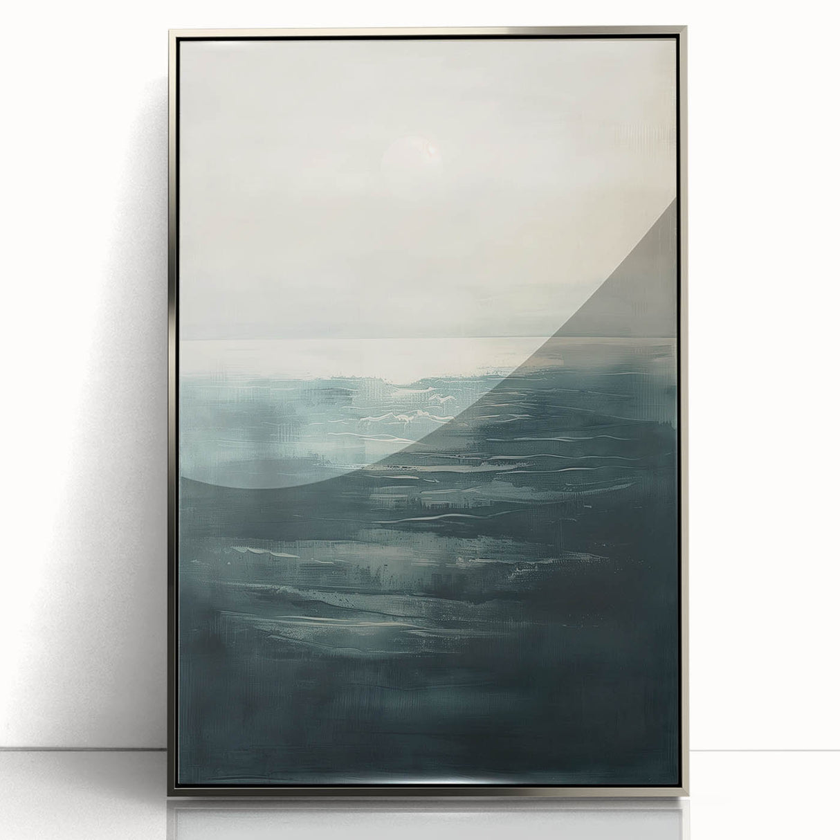 Framed abstract landscape wall art featuring a silver-acrylic finish, showcasing vibrant colors and fluid shapes that enhance modern home decor aesthetics.
