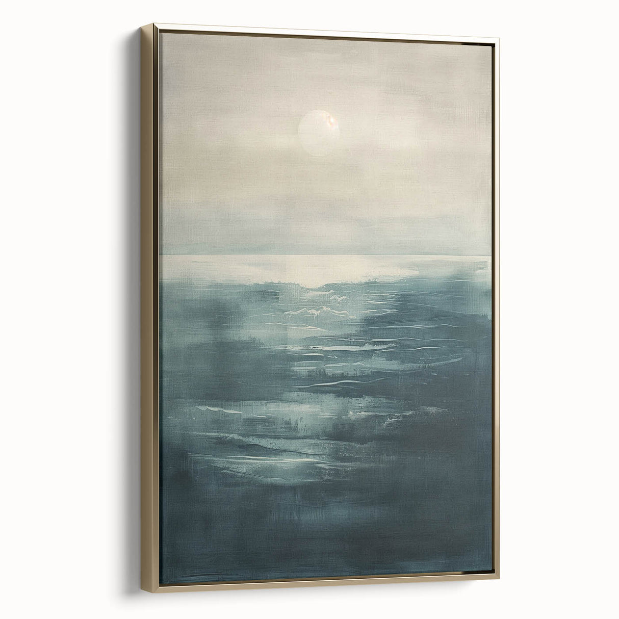 Framed abstract landscape wall art with gold accents showcasing a serene mountain scene, perfect for modern home decor. Ideal for adding elegance to living spaces.