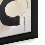 Close-up view of an abstract minimalist framed canvas wall art piece showcasing soft pastel colors and geometric shapes, perfect for modern home decor.