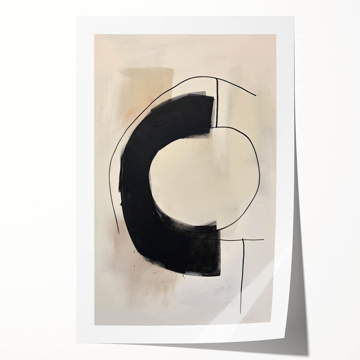 Abstract minimalist wall art print showcasing soft pastel colors and geometric shapes, elegantly rolled for shipping in a protective cardboard tube, ideal for modern home decor.