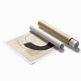 Abstract minimalist wall art print showcasing soft pastel hues and geometric shapes, elegantly rolled and packaged in a protective cardboard tube for easy display.