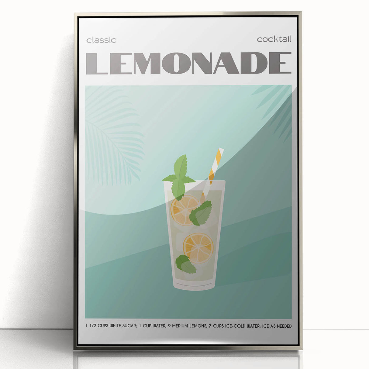 Large art print of mid-century modernist food and drinks, in muted colors on framed acrylic.